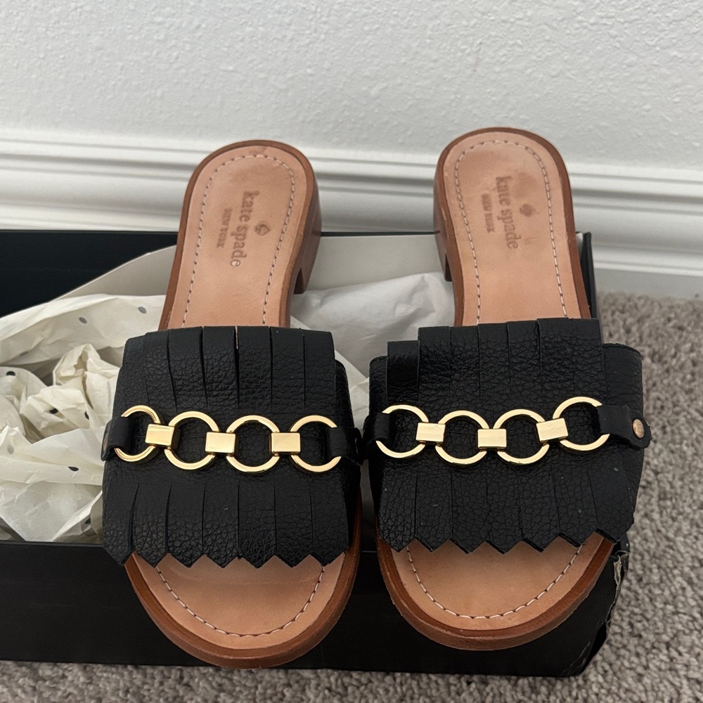 Kate Spade Black Mules with Gold Chain Detail
